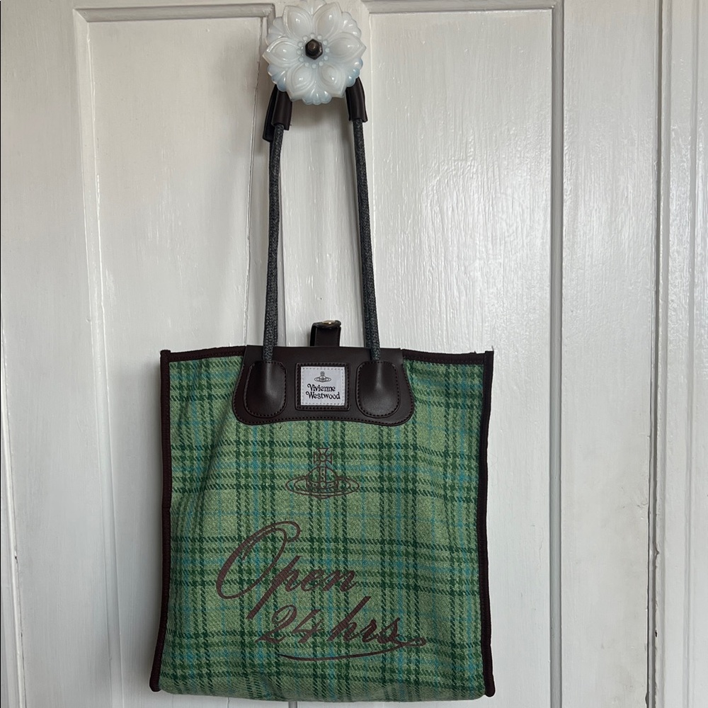 Vivienne Westwood Green Plaid Tote with Brown Trim
